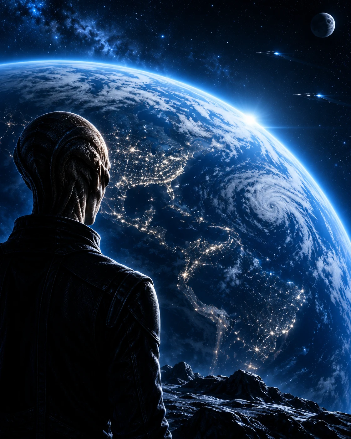 Alien X looking back toward Earth from a distant rocky world